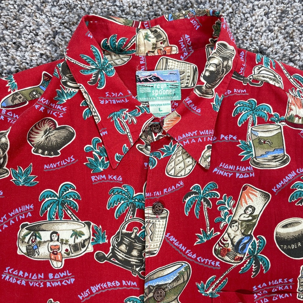 Reyn Spooner Mens Large Tiki Mug Print Hawaiian Shirt Trader Vics Red Spun Rayon